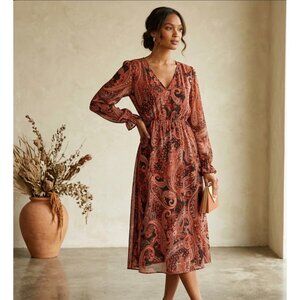 SHEIN XL Paisley Print V-Neck Long Sleeve Midi Dress Sheer Overlay Elastic Waist